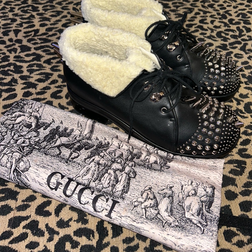 Gucci Black Studded Combat Boots with Shearling Lining